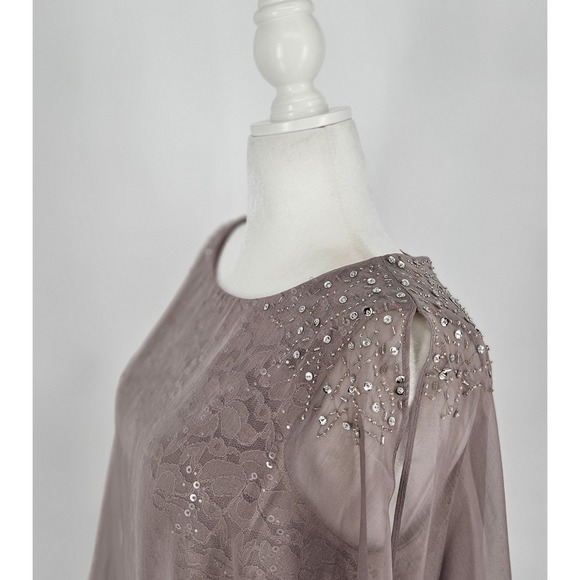 Ignite Evenings Mauve Lace Sequin Capelet Gown Dress 12P Formal Mother Bride - Picture 5 of 13